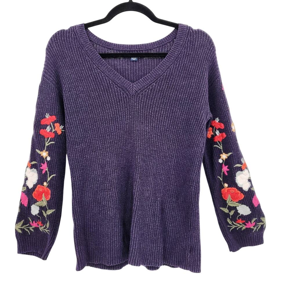 American Eagle Outfitters Dark Purple Floral Ribbed Knit V-neck Sweater Size XS